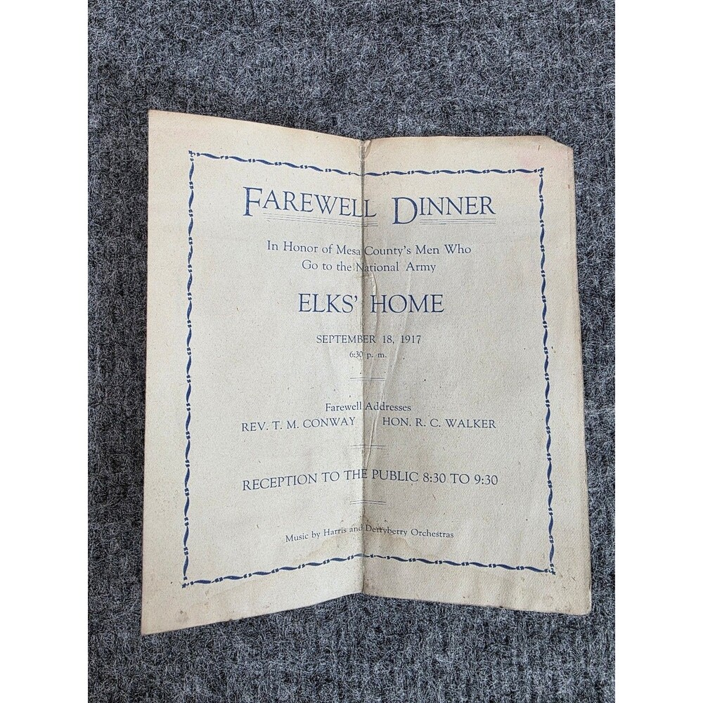 1917 Farewell Dinner Program Elks' Home Mesa County WWI National Army